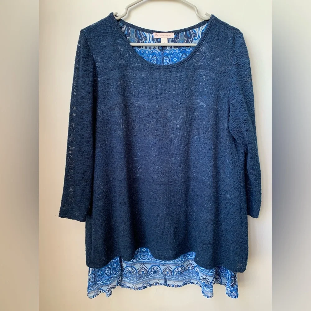 WESTPORT Women’s Navy Blue Overlay Sweater 3/4 Sheer Sleeve Sweater